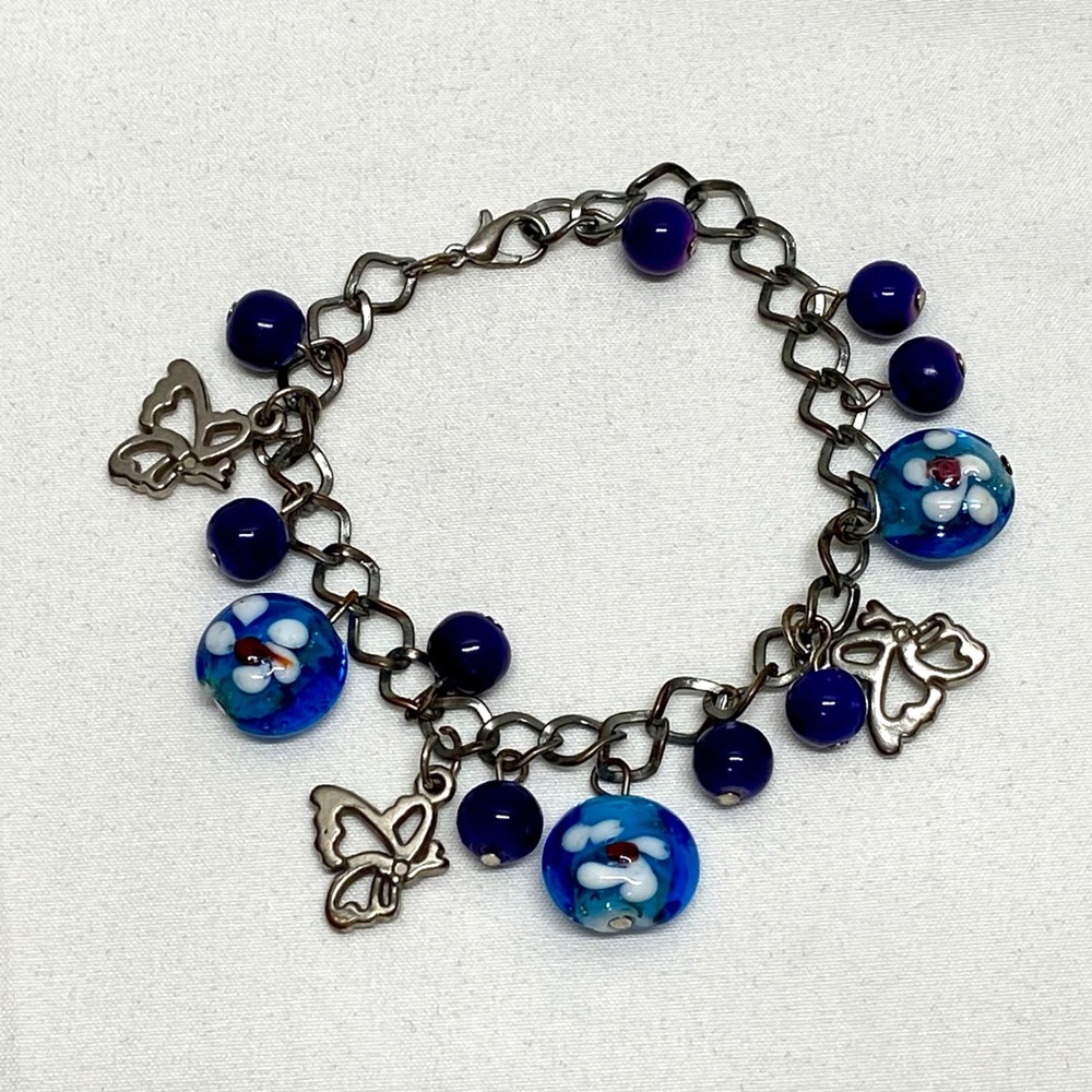 Vintage Silver Tone + Glass Bead Bracelet Large Blue Beads + Butterfly Charms